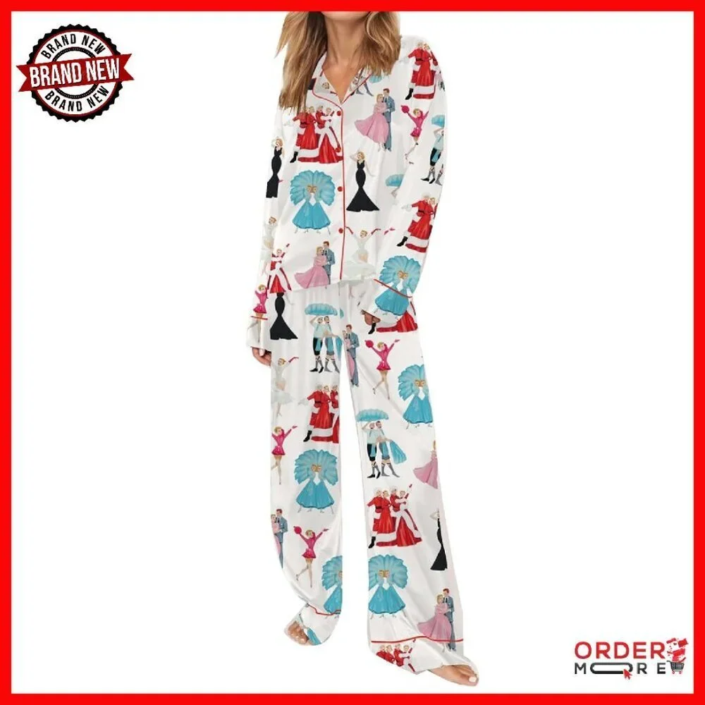Women's Satin Christmas Pajama Set 2-Piece Button Down Holiday Sleepwear